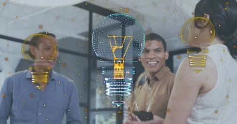 Colleagues pressing remote and animating 3D trophy into glass award celebrating Stock Footage 317258622