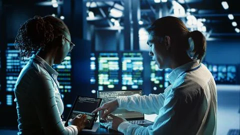 Colleagues programming in data center 库存照片