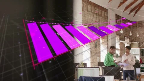 Colleagues reviewing biz docs on tablet magenta bar appearing on grid and Stock Footage 334000175