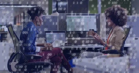 Colleagues reviewing digital analytics report, causing binary digits flooding Stock Footage 330725472