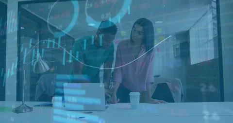Colleagues reviewing finance data as graphs overlaying laptop and scrolling Stock Footage 327126583