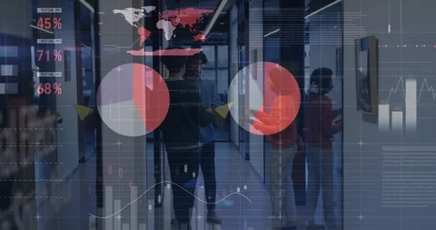 Colleagues reviewing folder after phone tap, with animated business charts Stock Footage 313149152