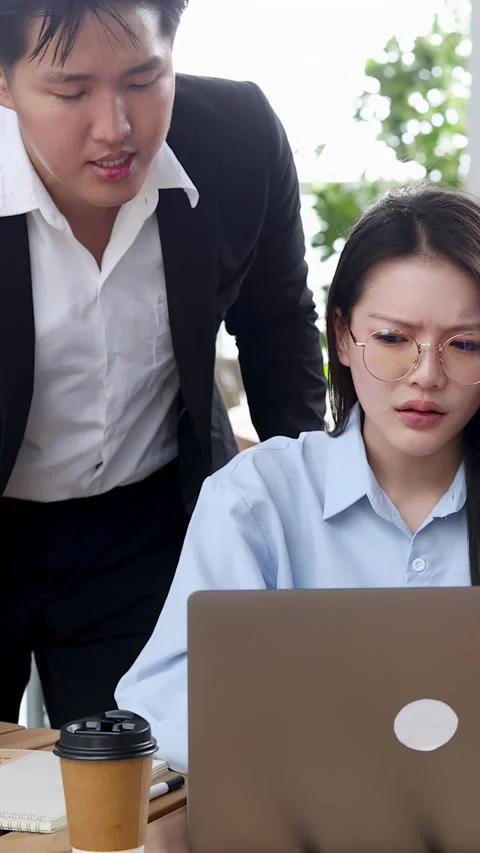 Colleagues Reviewing Problem on Laptop Screen in Bright Modern Office Stock Footage 346126707