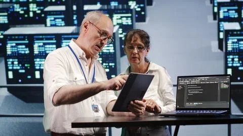 Colleagues running code in data center Stock Photos