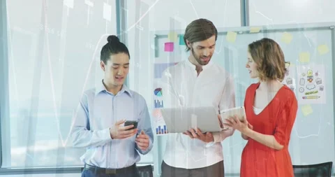Colleagues scrolling smartphone while tilting laptop and comparing animated Stock Footage 320128513