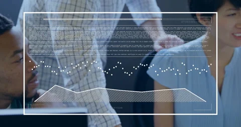 Colleagues sharing ideas around laptop for tech project, showing code overlay Stock Footage 309067254