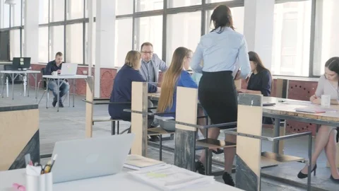 Colleagues sit at a large table and hold a meeting. A female manager gets up and Stock Footage 109415000