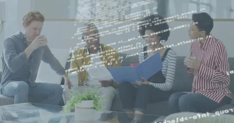 Colleagues sitting causing tech code overlay, reviewing project slides while Stock Footage 318063824