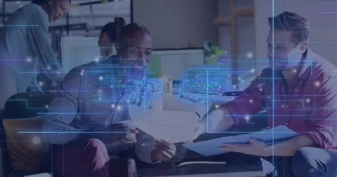 Colleagues sliding documents and reviewing pages causing pulsing animated grid Stock Footage 327708411