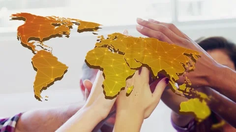 Colleagues stacking hands in office after win, marking teamwork with golden map Stock Footage 335652155