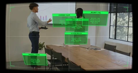 Colleagues standing at far end of conference table responding to HUD alerts Stock Footage 333959882