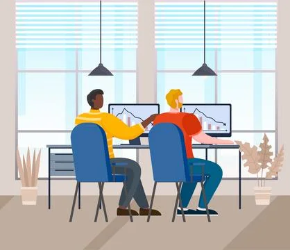 Colleagues talk about financial performance. Workers communicate solve business 스톡 일러스트