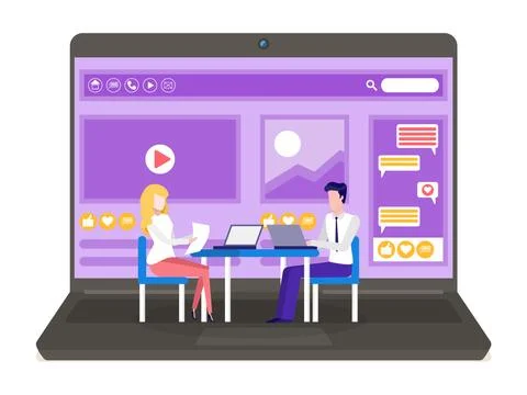 Colleagues talk to each other on the computer screen. Conference video call Illustrazione stock