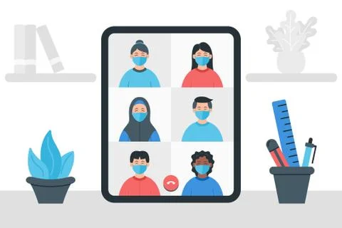 Colleagues talk to each other on the  screen. Video conference illustration. イラスト素材
