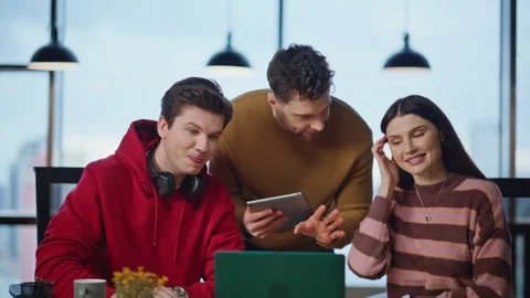 Colleagues talking laptop webcam having team brainstorm remotely closeup. Stock Footage 340074412