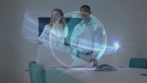 Colleagues tapping desk launching 3D glo... | Stock Video | Pond5