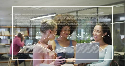 Colleagues tapping laptop keyboard starting scrolling code with pulsing dots Stock Footage 314348604