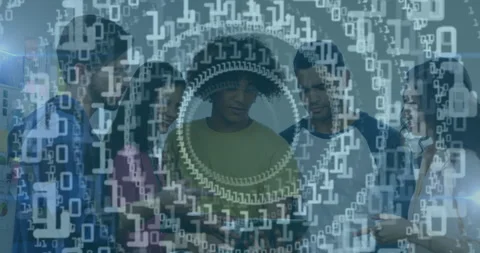 Colleagues tapping tablet causing binary digits to form rotating 3D data rings Stock Footage 314707005