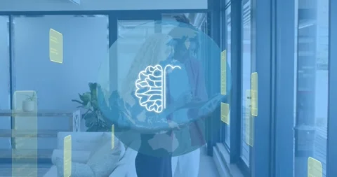 Colleagues tapping tablet causing hologram globe with data panels evolving AI Stock Footage 317258797