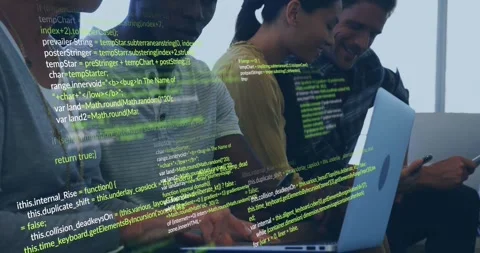 Colleagues typing laptops, tapping smartphone, code overlay scrolling, Stock Footage 327199070