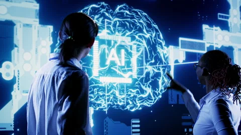 Colleagues using AI computing simulation Stock Footage 249020415