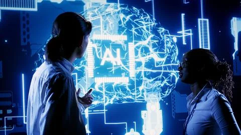 Colleagues using AI computing simulation 库存照片