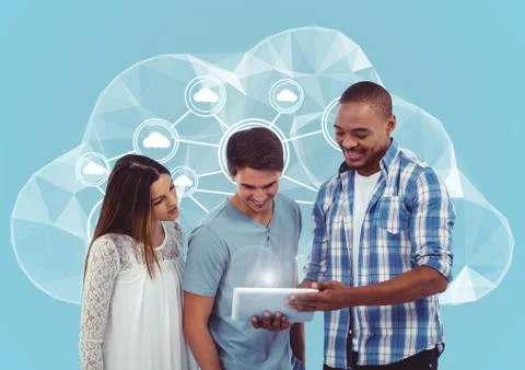 Colleagues using digital tablet against cloud computing concept in background Foto stock
