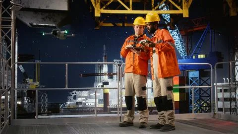 Colleagues using drone to collect data for offshore platform evaluation Stock Photos