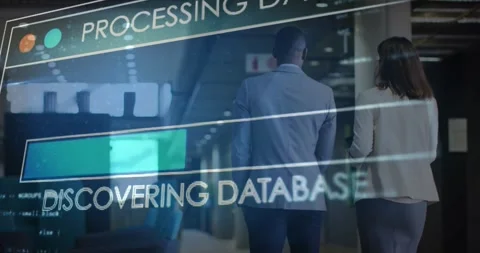 Colleagues walking activating tech overlay showing processing data encrypting Video stock 319851560