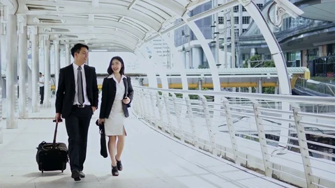 The colleagues walking and dragging baggage on bridge Stock Footage 85586557