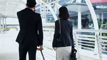 The colleagues walking and dragging baggage on bridge Stock Footage 85586652