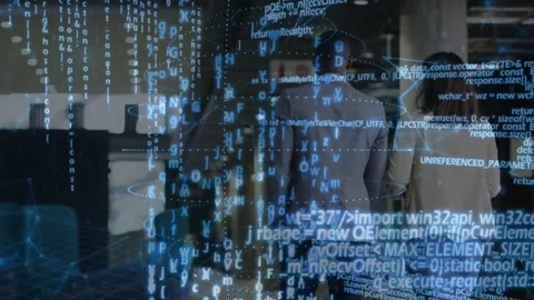 Colleagues walking down corridor as overlay appearing, growing and guiding exit Stock Footage 334112509
