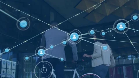 Colleagues walking into lobby while single node appearing, branching into web Video stock 333132905