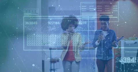 Colleagues walking viewing tech metrics updating, interacting with phone and Stock Footage 314148475