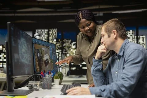 Colleagues work with AI tools on 3D modeling program for a rendered apartment Stock Photos