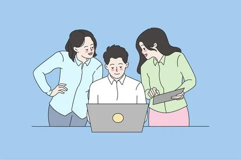 Colleagues work together on computer discuss business project Stock Illustration