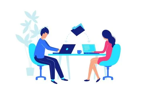 Colleagues work at workplace with laptop flat Stock Illustration