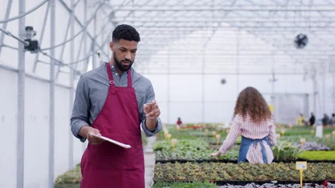 Colleagues working in garden centre, man with clipboard. 스톡 동영상 153501393