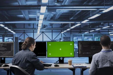Colleagues working on green screen desktop PC in data center Stock Photos