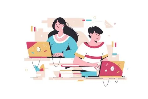 Colleagues working in office together. Teamwork on laptop working from home Stock Illustration