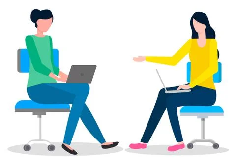 Colleagues working, teamwork process, office workers sitting at armchairs and Illustrazione stock