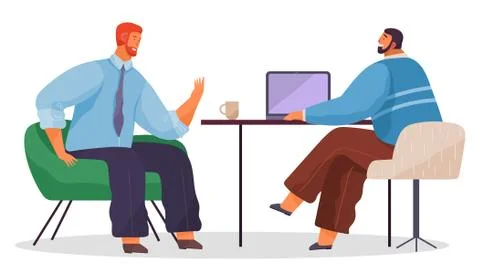 Colleagues working, teamwork process, office workers sitting at table and Illustrazione stock