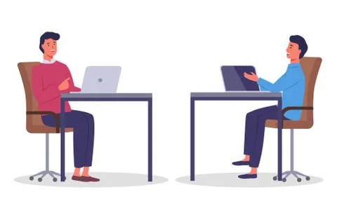 Colleagues working, teamwork process, office workers sitting at table and Illustrazione stock
