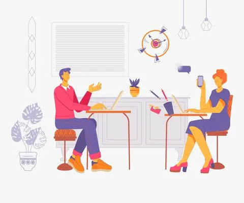 Colleagues in the workplace communicating and working, flat vector illustrati Illustrazione stock