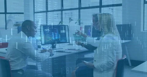 Colleagues writing and pointing at bar chart tapping phone starting overlay and Видео 310972001
