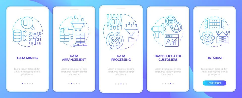 Collect and processing data blue gradient onboarding mobile app screen Stock Illustration