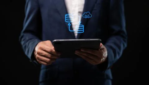 Collect data through the online cloud system big data Hologram Icon Stock Photos
