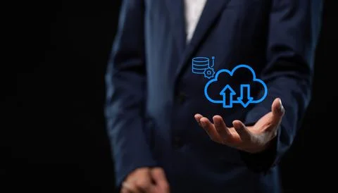 Collect data through the online cloud system big data Hologram Icon Stock Photos
