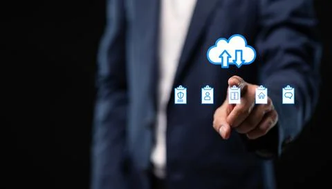 Collect data through the online cloud system big data Hologram Icon Stock Photos