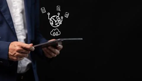Collect data through the online cloud system big data Hologram Icon Stock Photos